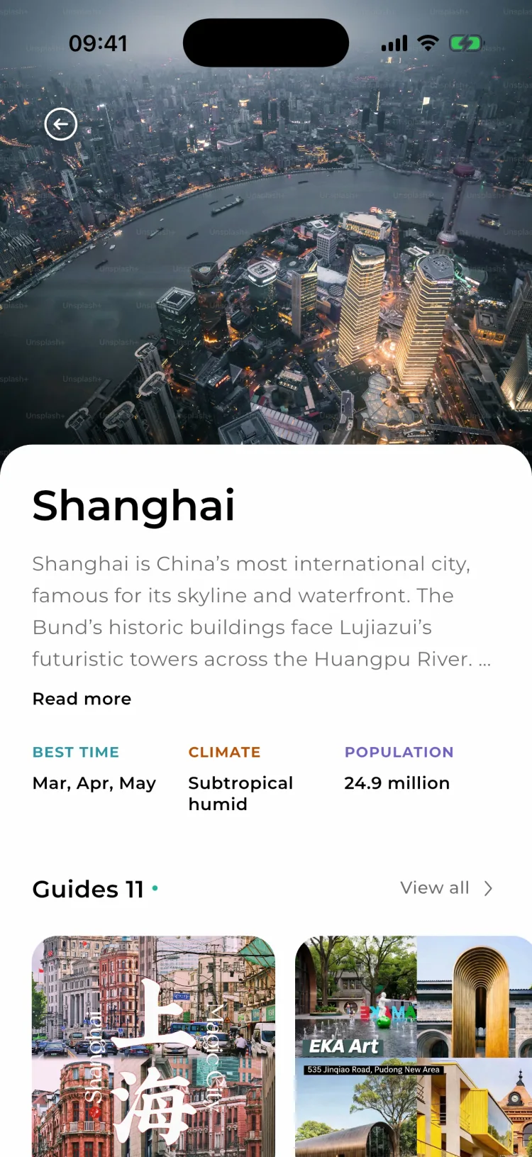 Shanghai city page in the app — guides, eats, and traveler Q&A in one place