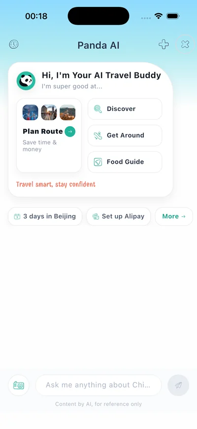 My China Guide app home screen featuring city guides, survival kit, and AI travel tools